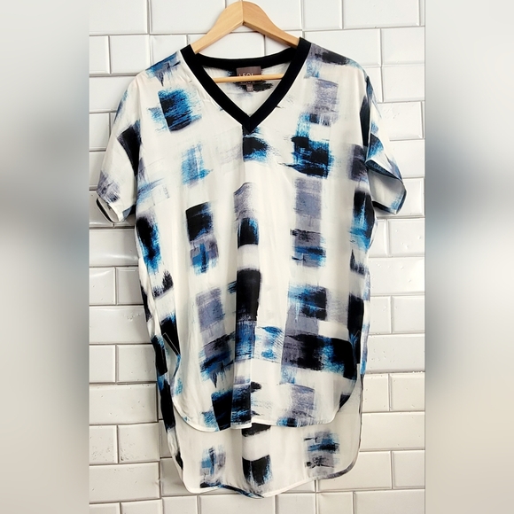 Leo & Sage Ladies Cream Black Blue Abstract Print 100% Silk Blouse Tunic Short S - Picture 1 of 5